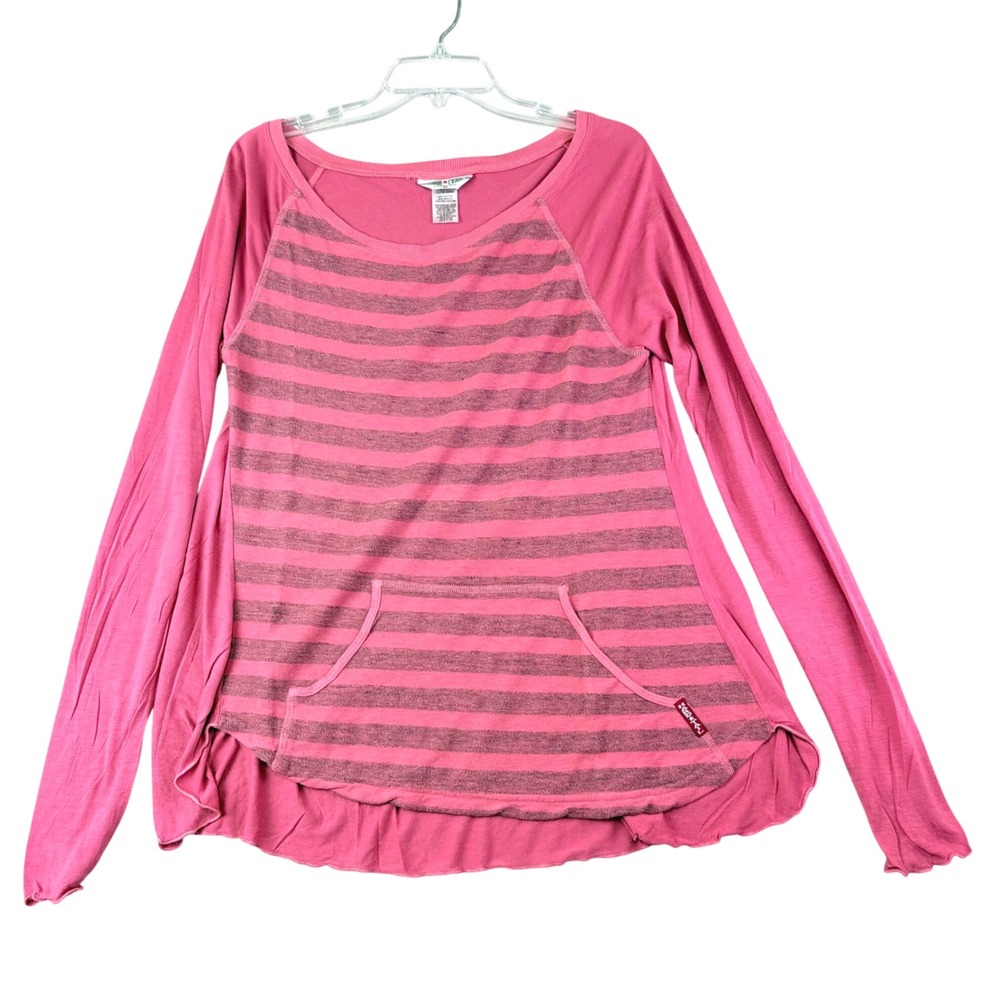 Hard Tail M Pink Striped Raglan Long Sleeve Kangaroo Pocket High-Low Top Boho